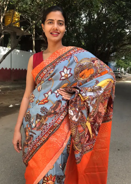Blue Printed Crepe Silk Saree
