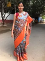 Blue Printed Crepe Silk Saree - Image 4