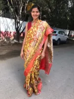 Yellow Printed Crepe Silk Saree - Image 4