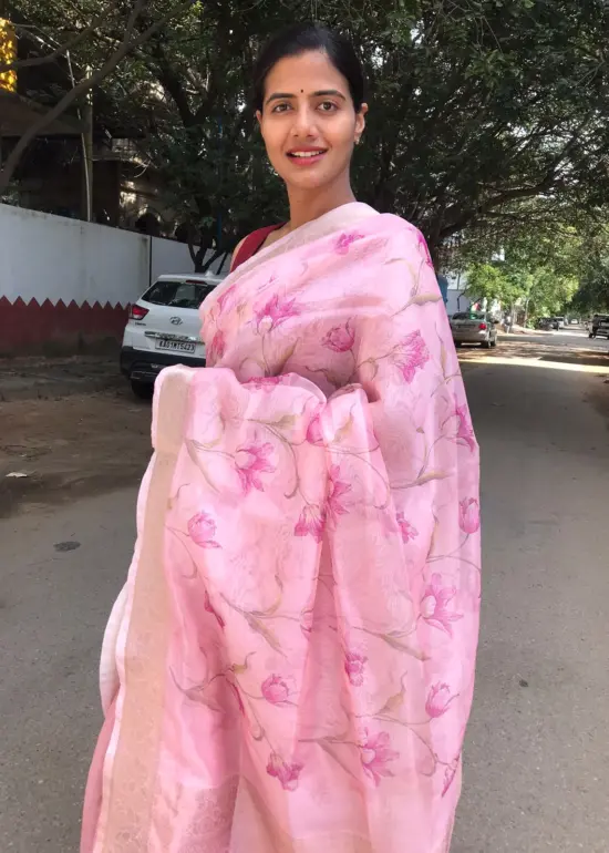 Baby Pink Printed Silk Saree