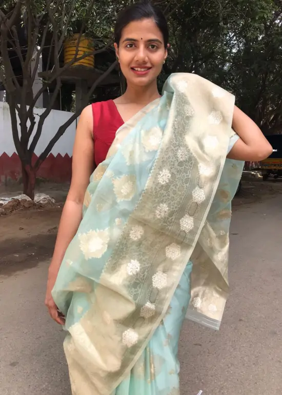 Mint Organza Silk Saree with Zari Buttas all over