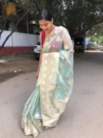 Mint Organza Silk Saree with Zari Buttas all over - Image 3