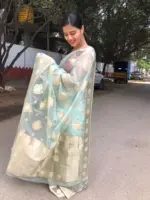 Mint Organza Silk Saree with Zari Buttas all over - Image 4