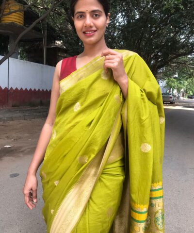 Meadow Green Crepe Silk Saree with Meenakari Designer Pallu