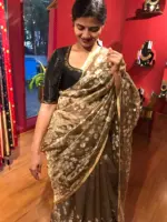 Metallic Tissue Silk Saree highlighted with Floral Embroidery - Image 7