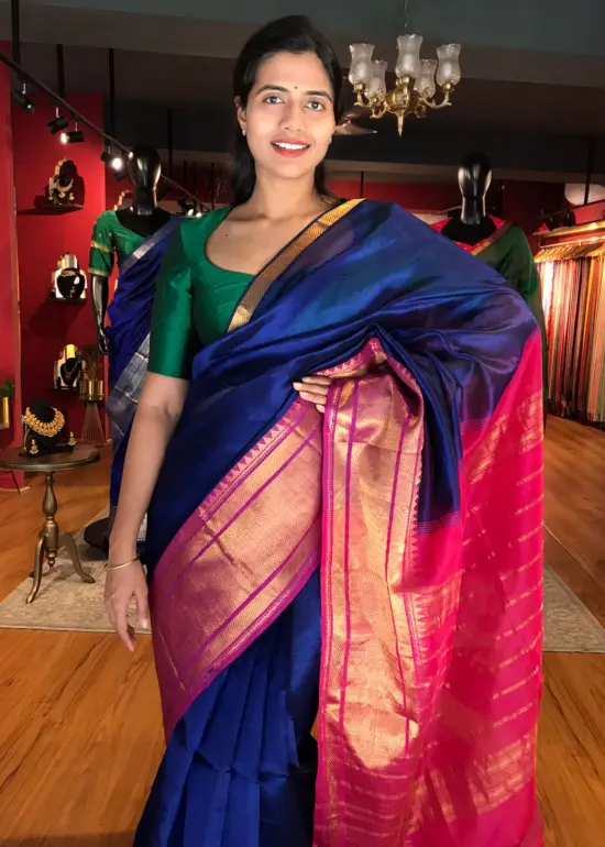 Royal Blue Mangalagiri Silk Saree with Kanchi Silk Border
