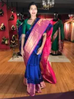 Royal Blue Mangalagiri Silk Saree with Kanchi Silk Border - Image 3