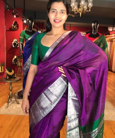 Magenta Purple Mangalagiri Silk Saree with Kanchi Silk Border
