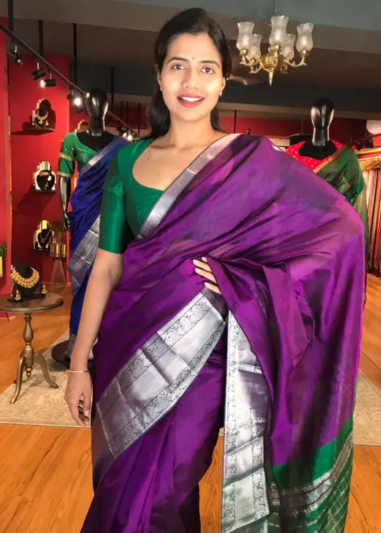 Magenta Purple Mangalagiri Silk Saree with Kanchi Silk Border