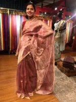 Blush Pink Printed Tissue Silk Saree highlighted with Gold Piping - Image 2