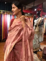 Blush Pink Printed Tissue Silk Saree highlighted with Gold Piping - Image 5