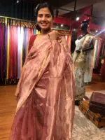 Blush Pink Printed Tissue Silk Saree highlighted with Gold Piping - Image 4