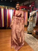 Blush Pink Printed Tissue Silk Saree highlighted with Gold Piping - Image 3