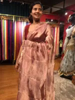 Blush Pink Printed Tissue Silk Saree highlighted with Gold Piping - Image 6