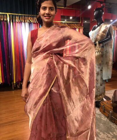Blush Pink Printed Tissue Silk Saree highlighted with Gold Piping