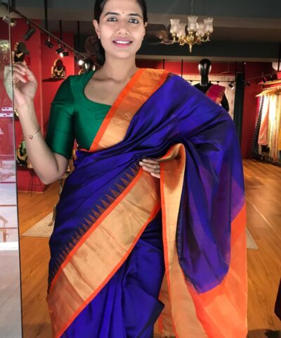 Royal Blue Mangalagiri Silk Saree with Kanchi Silk Border