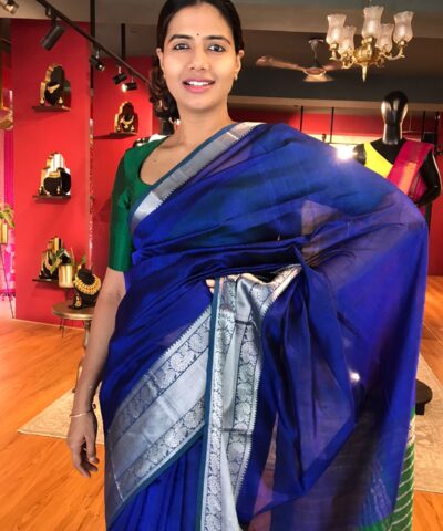 Royal Blue Mangalagiri Silk Saree with Kanchi Silk Border