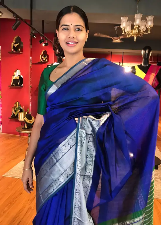 Royal Blue Mangalagiri Silk Saree with Kanchi Silk Border