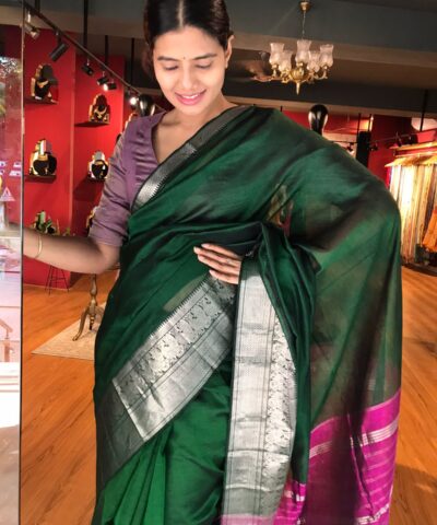 Hunter Green Mangalagiri Silk Saree with Kanchi Silk Border