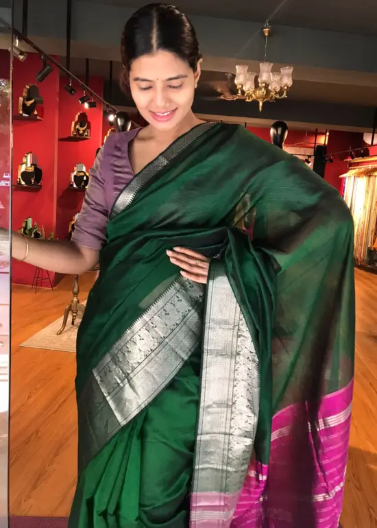 Hunter Green Mangalagiri Silk Saree with Kanchi Silk Border