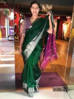 Hunter Green Mangalagiri Silk Saree with Kanchi Silk Border - Image 5