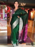 Hunter Green Mangalagiri Silk Saree with Kanchi Silk Border - Image 2