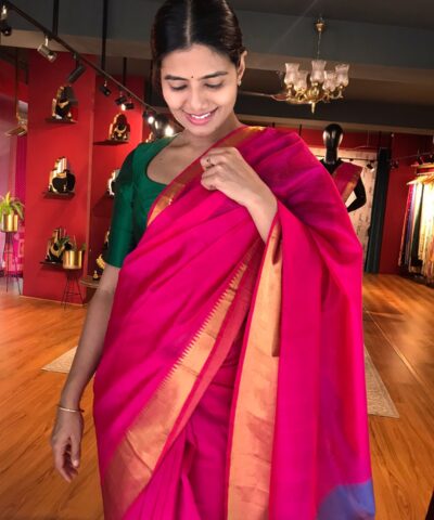 Hot Pink Mangalagiri Silk Saree with Kanchi Silk Border