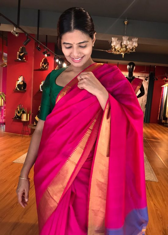 Hot Pink Mangalagiri Silk Saree with Kanchi Silk Border