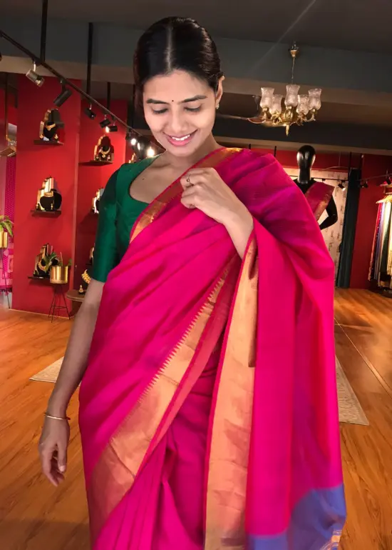 Hot Pink Mangalagiri Silk Saree with Kanchi Silk Border