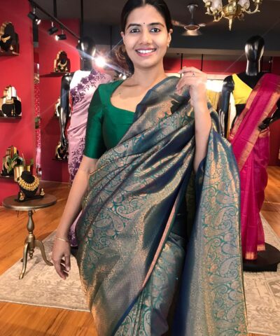 Hunter Green Banarasi Silk Saree with Beautiful Gold Zari Weaves