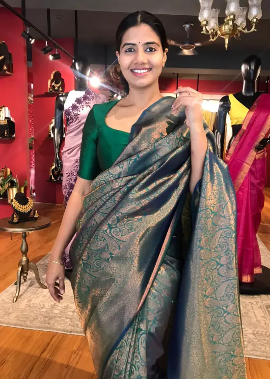 Hunter Green Banarasi Silk Saree with Beautiful Gold Zari Weaves