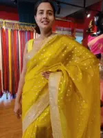 Mustard Yellow Organza Silk Saree with Sequins Embroidered Border
