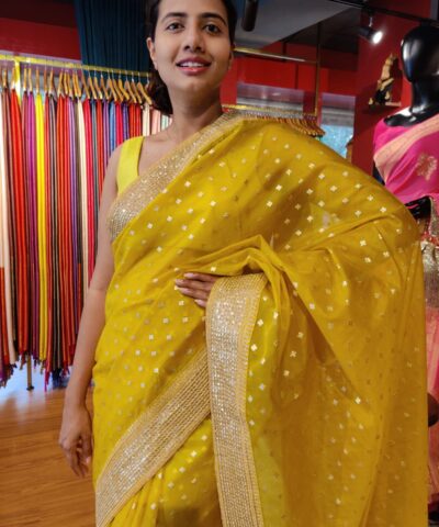 Mustard Yellow Organza Silk Saree with Sequins Embroidered Border