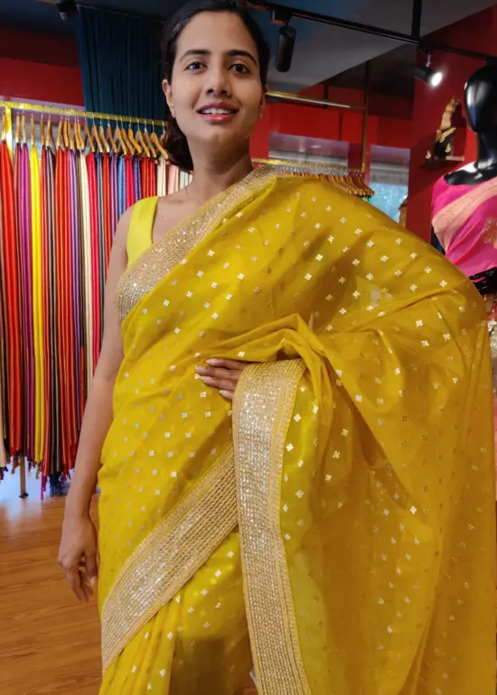 Mustard Yellow Organza Silk Saree with Sequins Embroidered Border