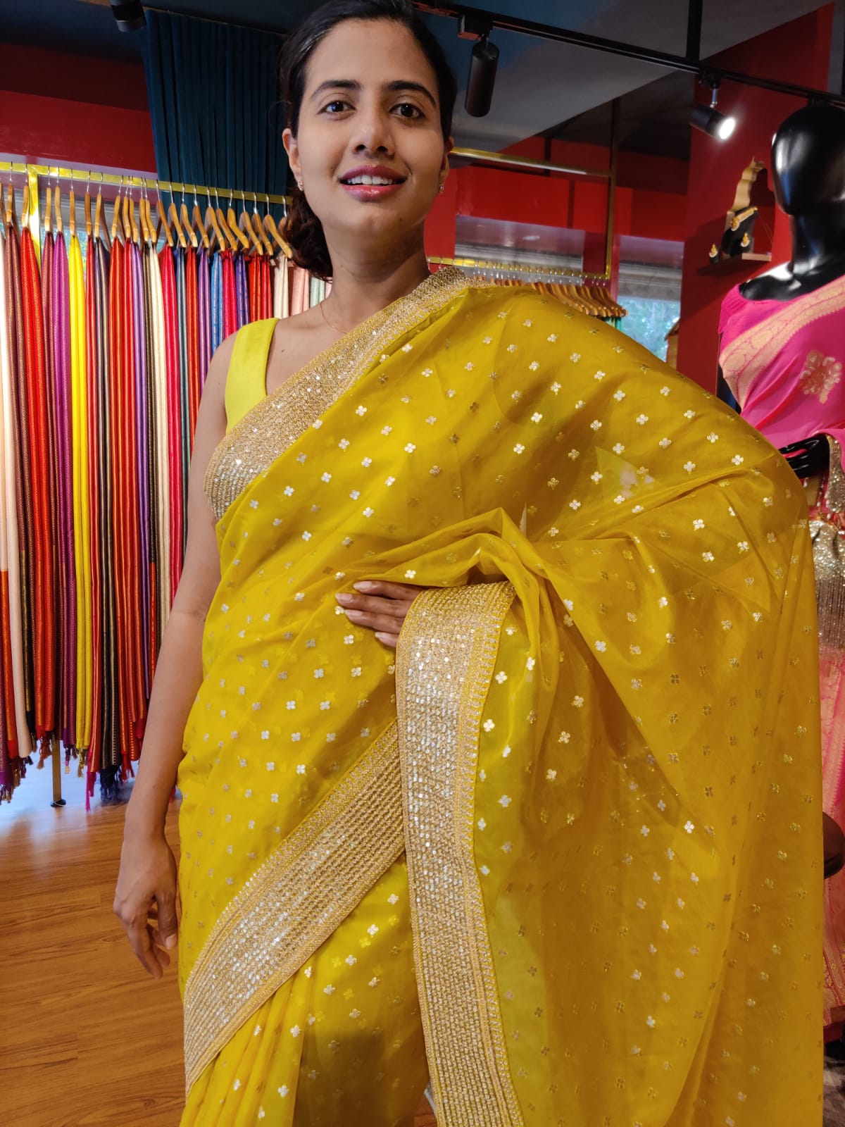 Sequins Embroidered Chiffon Saree With Scallop Borders