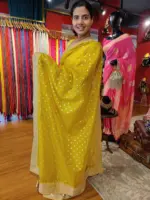 Mustard Yellow Organza Silk Saree with Sequins Embroidered Border - Image 4