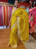 Mustard Yellow Organza Silk Saree with Sequins Embroidered Border - Image 3