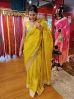 Mustard Yellow Organza Silk Saree with Sequins Embroidered Border - Image 2