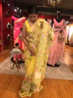 Yellow Organza Silk Saree with Beautiful Floral Embroidery - Image 5
