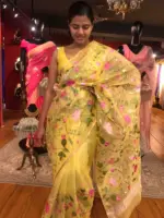 Yellow Organza Silk Saree with Beautiful Floral Embroidery