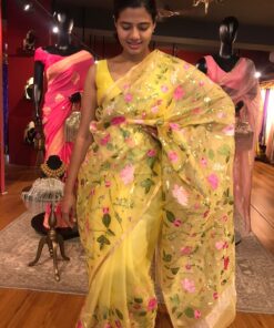 Yellow Organza Silk Saree with Beautiful Floral Embroidery