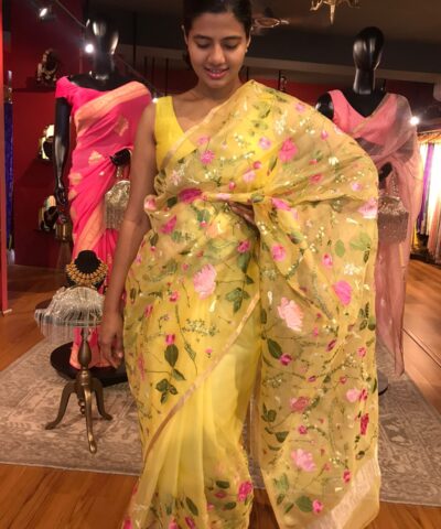 Yellow Organza Silk Saree with Beautiful Floral Embroidery