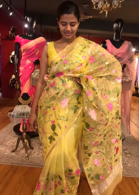 Yellow Organza Silk Saree with Beautiful Floral Embroidery