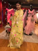 Yellow Organza Silk Saree with Beautiful Floral Embroidery - Image 4