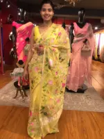 Yellow Organza Silk Saree with Beautiful Floral Embroidery - Image 2