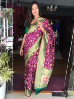 Wine Banarasi Silk Saree adorned with Beautiful Patola and Paithani Weaves - Image 5