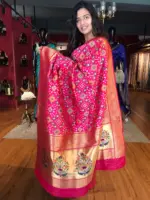 Rani Pink Banarasi Silk Saree adorned with Beautiful Patola and Paithani Weaves - Image 4