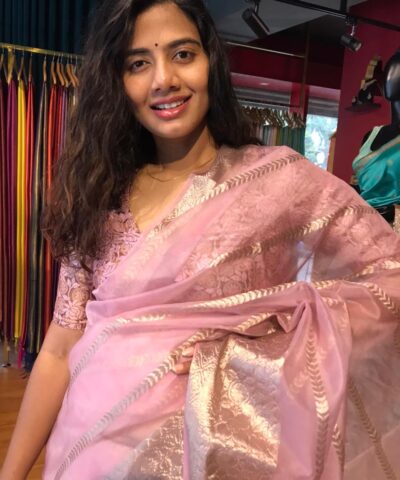 Pink Organza Saree with Gold Zari Weaves