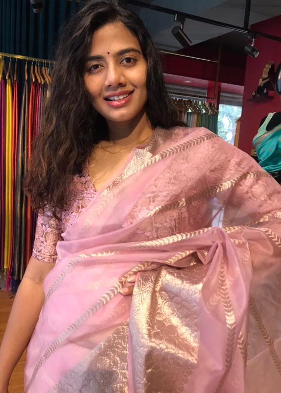 Pink Organza Saree with Gold Zari Weaves