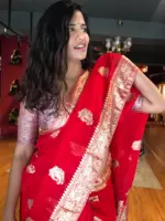 Red Organza Saree with Gold Zari Buttis